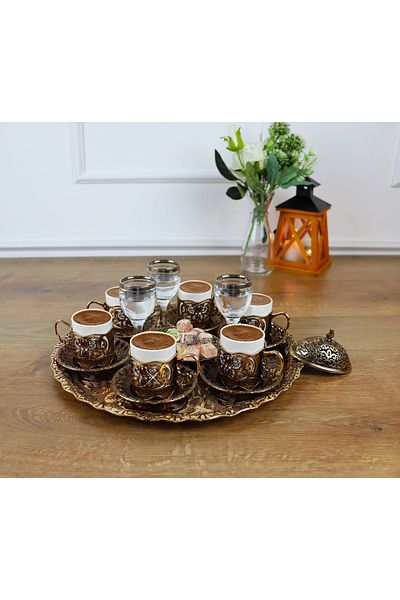 EVİMTATLIEVİM Nostalgic Crystal Stone Tray Turkish Coffee Cup Set Antique Copper