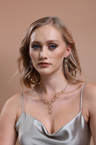 Birinci1926 Çiçek Desenli Doğal İncili Kolye Küpe İkili Set ROSE