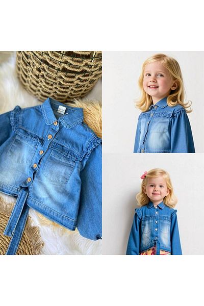 ERKUT KIDS Girls' Ruffle Detailed Denim Shirt Jacket – Long Sleeve, Button down