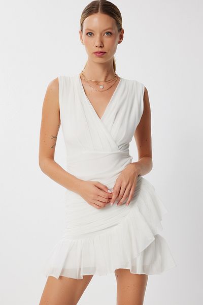 Lovelyİstanbul Draped Flounced Mini Tulle Dress Lff0042 Ecru