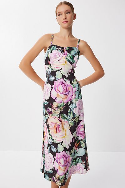 Lovelyİstanbul Floral Patterned Strap Viscose Dress Lff0039 Black Lila