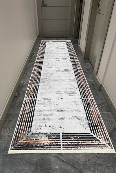 VOPTEKS Kırık Beyaz Bakır Siyah Geometrik Desenli Yolluk Makinede Yıkanabilir...