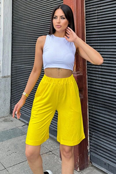 NEW LAVİVA Women's Yellow Capri Shorts - Double Leg, Anti-Sweat, Pocket and Loose