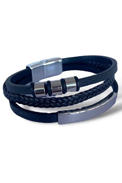 Mutenaura Black leather detailed steel men's bracelet
