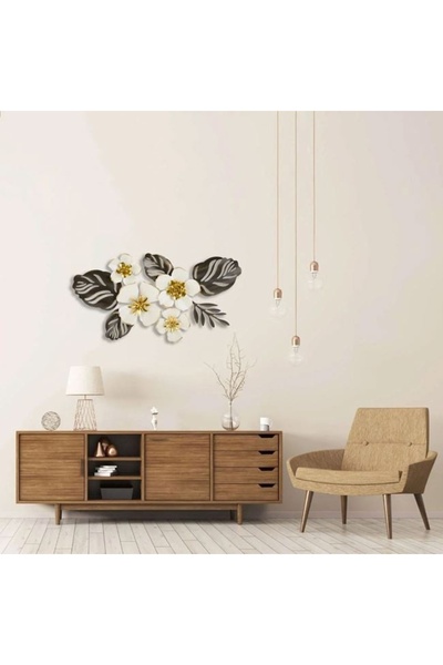 divendi-ro Wall decoration with perforated flowers and leaves, metal, 65x36x3.5 cm, cream/gold/brown