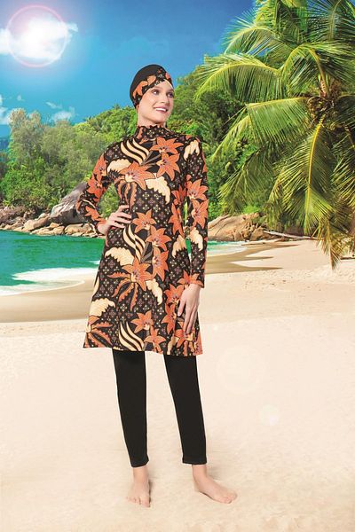 Ruko Maio 22121-3 Patterned Turtleneck Lycra Fabric Full Hijab Swimsuit