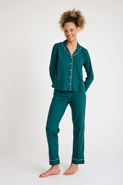 Dennis Denise Cotton Green White Piping Buttoned Women's Pajama Set