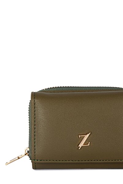 Zühre Khaki Mini Wallet with Snap Fastener and Zipper Detail Zc026