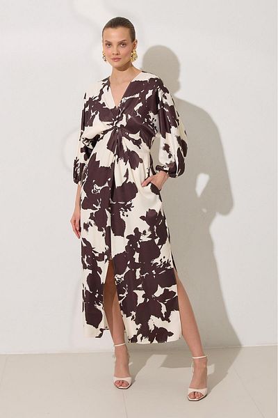 Setre Ecru-Brown Collar Detailed Relaxed Cut Patterned Dress