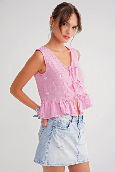 Mixray 4724 Γυναικεία μπλούζα μουσελίνας με λουλουδάτο σχέδιο ροζ