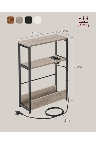 VASAGLE Narrow table with socket and USB charging ports, 3 shelves, 45x18x58 cm, grey