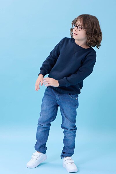 Perendi Unisex Basic Crew Neck Hooded Winter Sweatshirt - Navy Blue