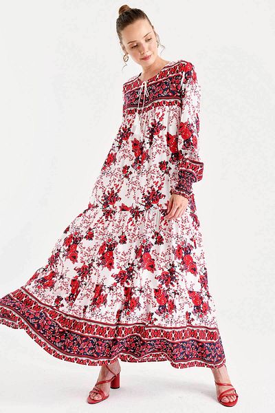 Merterium Women's Patterned Long Dress Red 1147