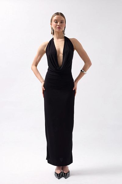 vuvutasarım New Season Shawl Collar Lycra Stretch Fabric Low-Cut Detailed Women's Maxi Dress 52225052