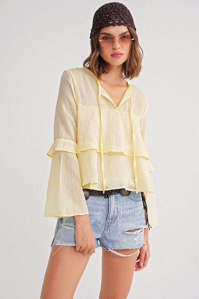 Mixray 4735 Women's Long Sleeve Ruffle Tie Blouse Yellow