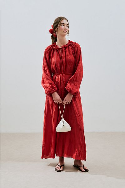 Manuka Cropped Collar Linen Wide Dress Red