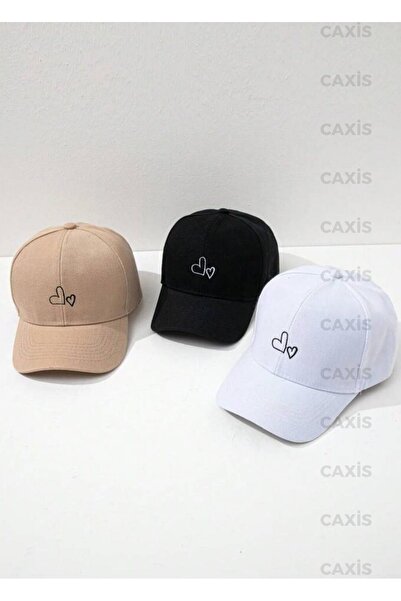 caxis 3 Piece Set Heart Printed Hat Velcro Adjustable Cap // Black - White - Dark Beige