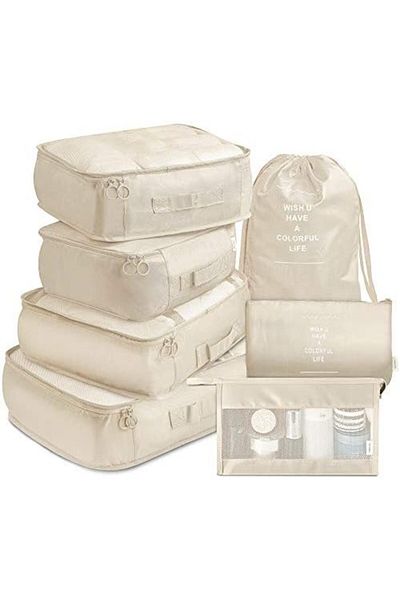 Roomlyne Packing Cubes, 7 Pcs Travel Luggage Packing Organizers Set with Toiletry Bag (Beige)