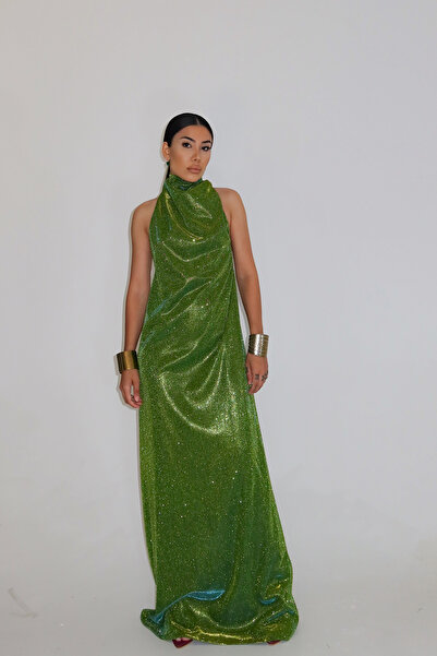 Gülşah Evecen Simli Boğazlı degaje mavi boy elbise