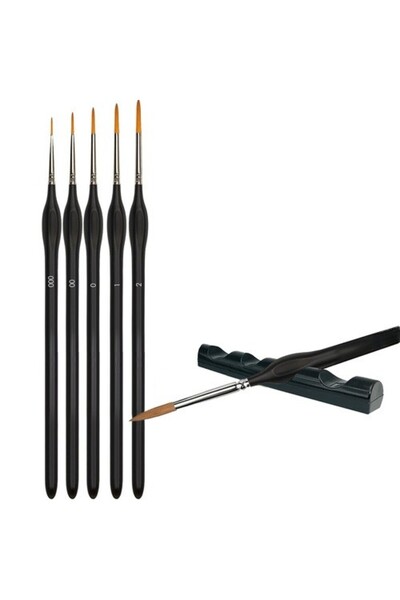 zola Set of 5 painting brushes with stand, sizes 000-2, synthetic bristles, wooden handle, 18.5 cm, black