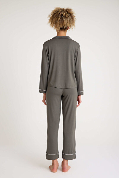 Dennis Denise Cotton Gray White Piping Buttoned Women's Pajama Set