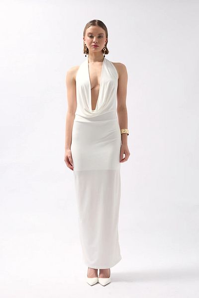 vuvutasarım New Season Shawl Collar Lycra Stretch Fabric Low-Cut Detailed Women's Maxi Dress 52225052