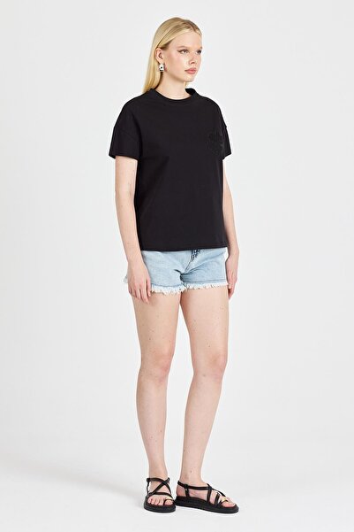 odelon Women's Lace Embroidered 100% Cotton Black T-Shirt