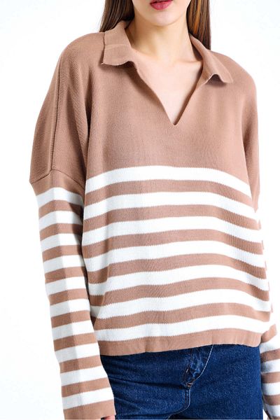 sole stories Rouge Premium Yarn Polo Neck Crop Striped Long Sleeve Knitwear Sweater