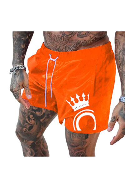 FUWEAR Pantaloni scurți de înot pentru bărbați, portocalii, cu imprimeu, mări...