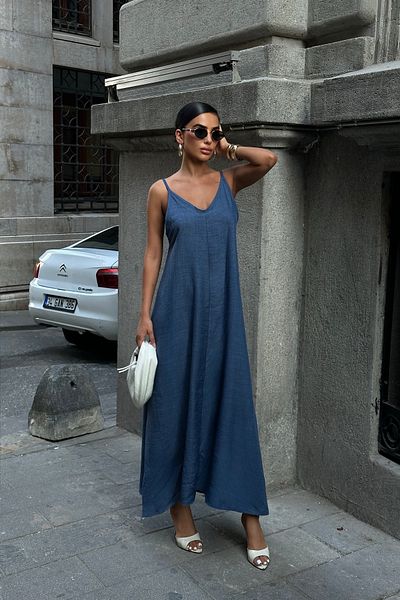 World Fashion Trends 8088 Indigo Sketen Look Fabric Long Dress with Adjustable Strap