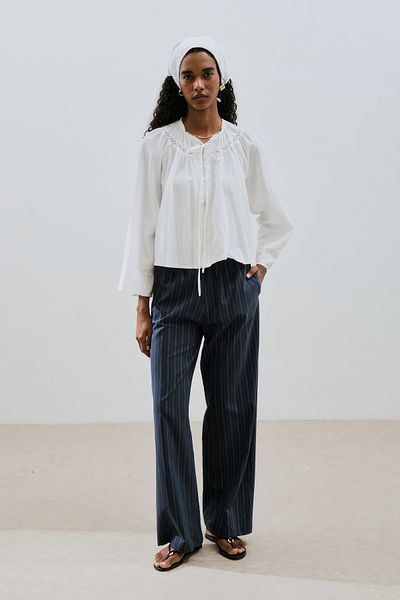Manuka Striped Waist Elastic Trousers Navy Blue