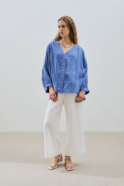 Manuka Linen Crush Buttoned Bluz Blue