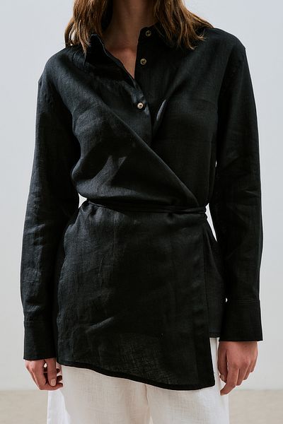 Manuka Linen Tie Detail Shirt Black