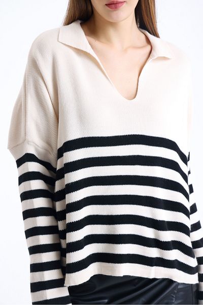 sole stories Rouge Premium Yarn Polo Neck Crop Striped Long Sleeve Knitwear Sweater