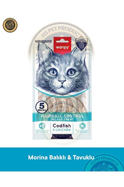 Wanpy Hairball Control - Tüy Yumağı Önleyici Morina Balık & Tavuk Kedi Krema Ödül Maması 5x14gr