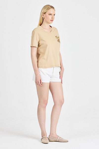 odelon Women's Sequined 100% Cotton Beige T-Shirt