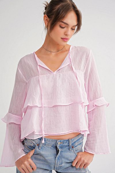 Mixray 4735 Women's Long Sleeve Ruffle Tie Blouse Pink