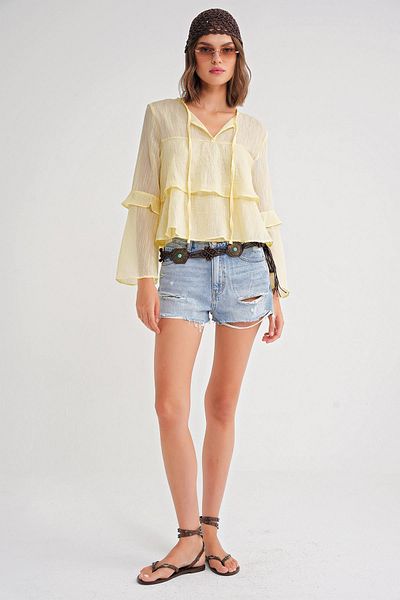 Mixray 4735 Women's Long Sleeve Ruffle Tie Blouse Yellow