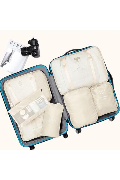 Roomlyne Packing Cubes, 7 Pcs Travel Luggage Packing Organizers Set with Toiletry Bag (Beige)