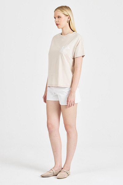 odelon Women's Lace Embroidered 100% Cotton Stone T-Shirt