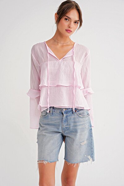 Mixray 4735 Women's Long Sleeve Ruffle Tie Blouse Pink