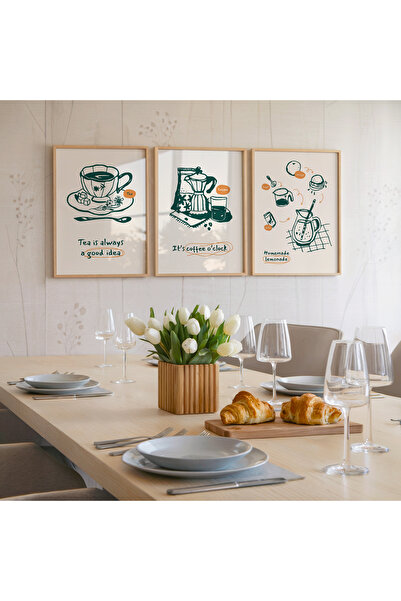 İkona Design Studio Kahve Köşesi Ahşap Çerçeveli 3'lü Poster Tablo Seti | Modern Stil Minimal Duvar Dekoru