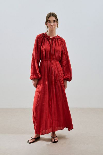 Manuka Cropped Collar Linen Wide Dress Red