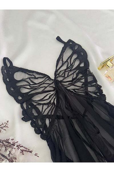 MH Moony Homewears Black Butterfly Nightdress Thong