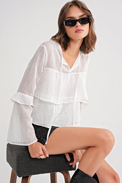 Mixray 4735 Bluză de damă cu mânecă lungă cu volane, albă