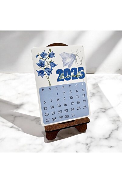 Genel Markalar 2025 Takvim - Çiçek Desenli Standlı Masaüstü Takvim- Ahşap Telefon Tutucu
