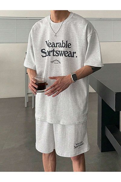 ACTIVE MODA - Men's Cotton Printed Large Size Tshirt-Shorts 2-Piece Set