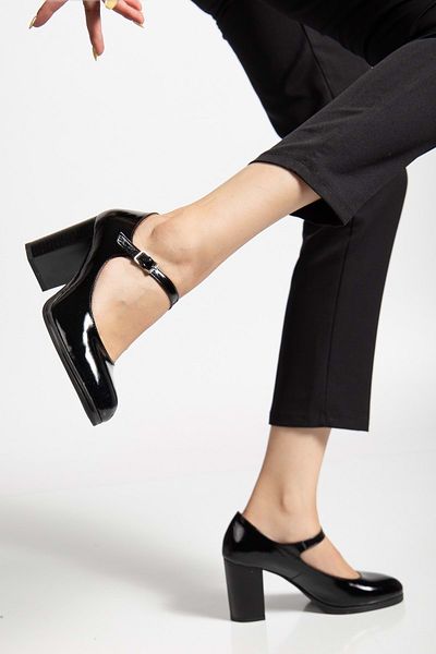 ANALİN SHOES Women's genuine leather strap high heel shoes - black patent leather