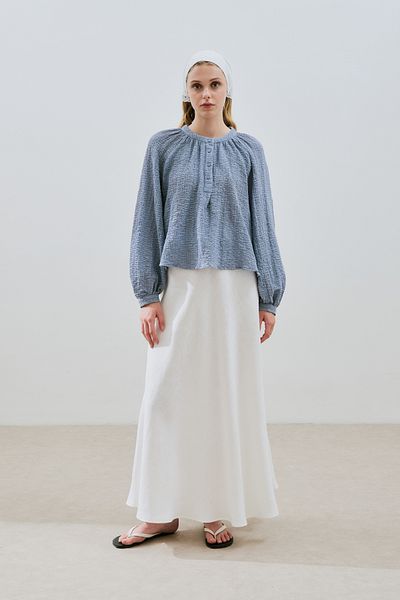Manuka Textured Collar Buttoned Bluz Blue