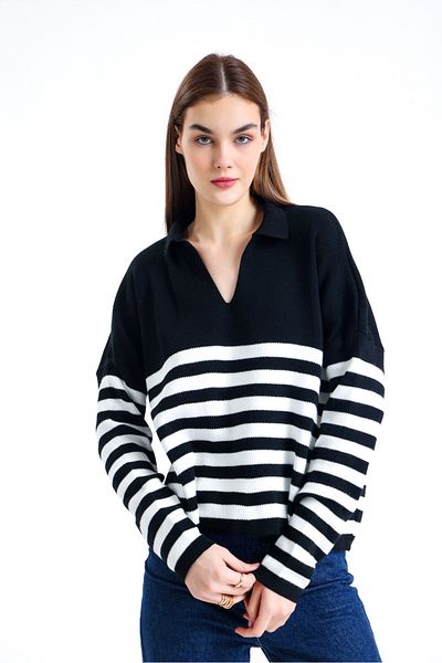 sole stories Rouge Premium Yarn Polo Neck Crop Striped Long Sleeve Knitwear Sweater